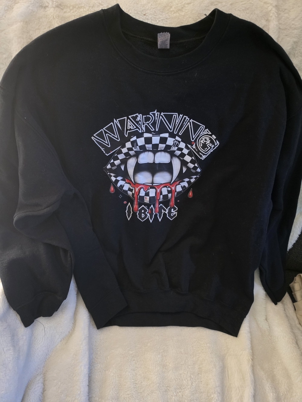 Gildan Black Crewneck Sweater with Vampire Fangs Graphic and Red Accents